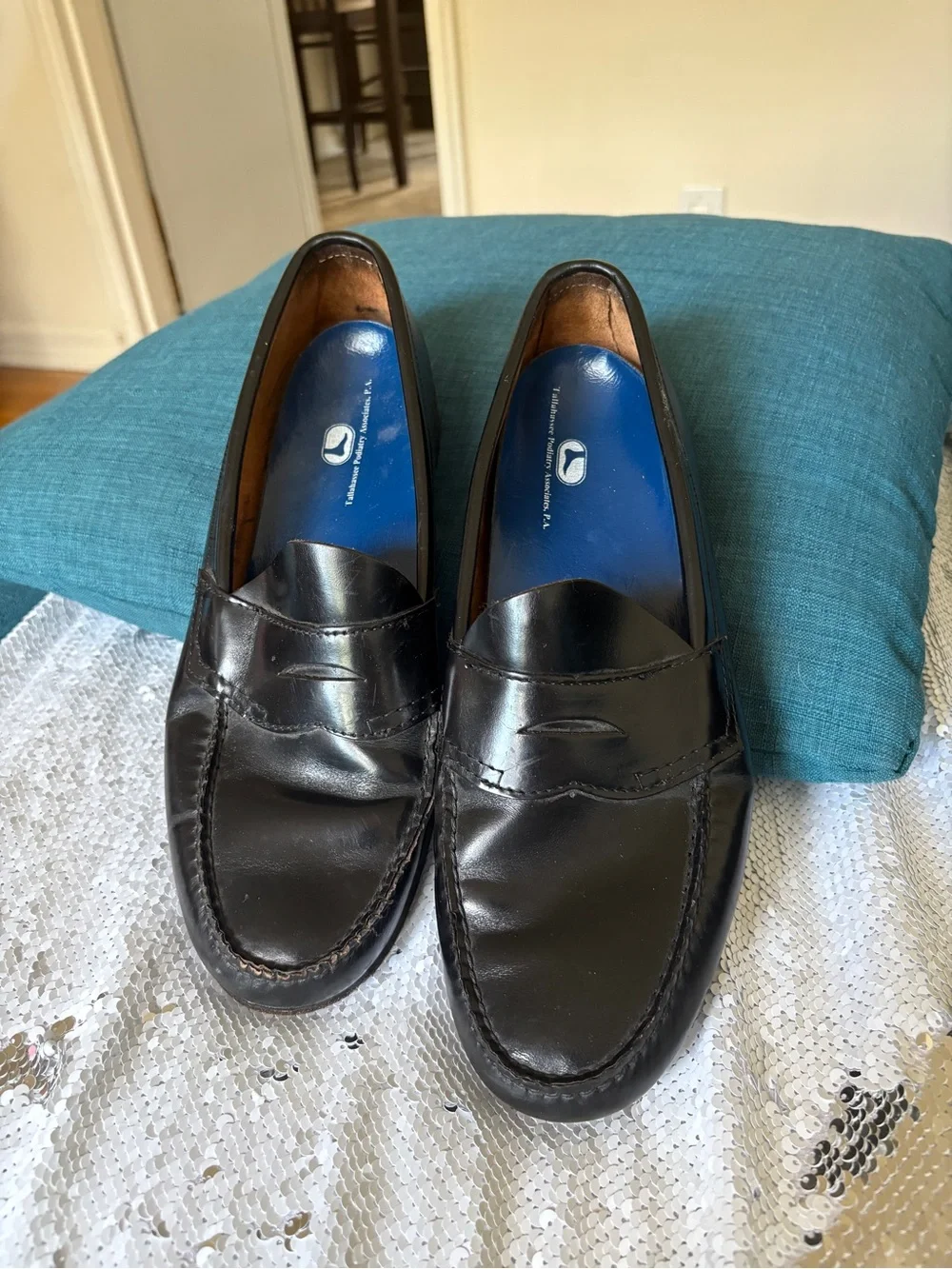 Bass Black Leather Penny Loafers with Blue Insoles